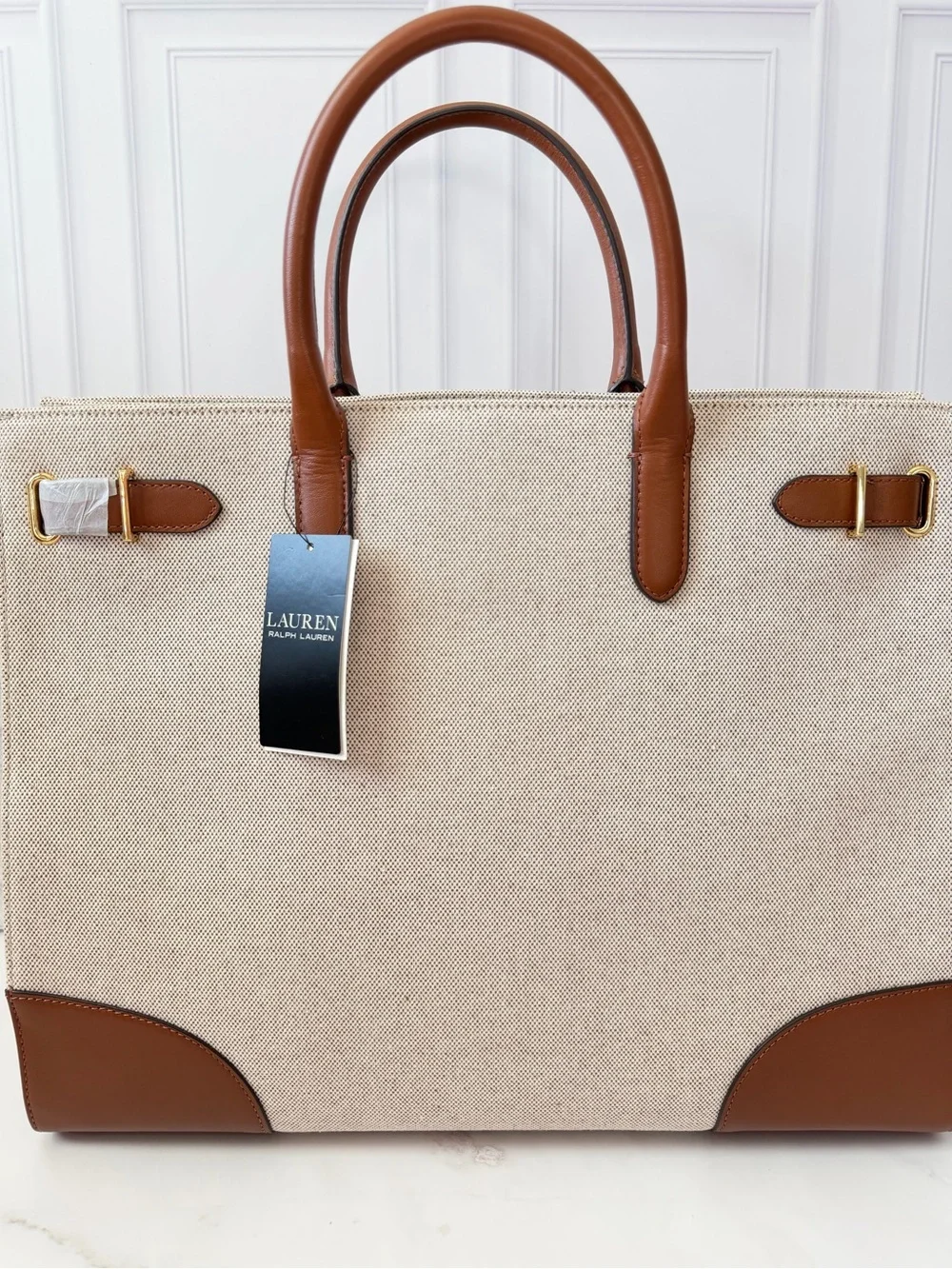Lauren Ralph Lauren Canvas Leather Large Tote Bag Tan Brown NWT $325